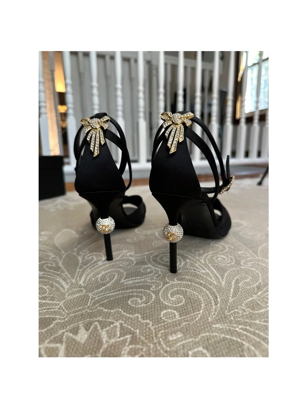 CHANEL Black Satin Crisscross Open-Toe Ankle-Strap Heels with Gold Hardware